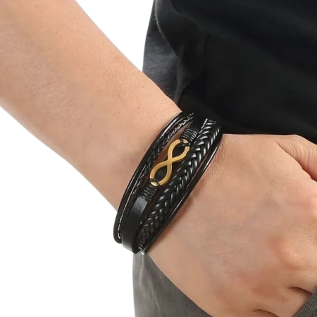 Brățară Casual din Piele Neagră Unisex cu Simbolul Infinitului din Inox Placat cu Aur [1]