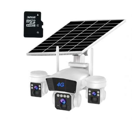 Camere Supraveghere - Camera Supraveghere cu Panou Solar, Conexiune 4G, Rotatie 360° Panoramica Cu 3 Lentile, Zoom 10x, Card Memorie Cadou
