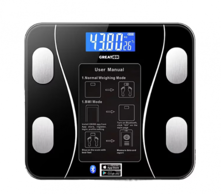 Ingrijire personala - Cantar Corporal Inteligent Cu Aplicatie Telefon, De Baie, Electronic, Sticla Securizata, Design Elegant, Smart, Afisaj LCD, Negru