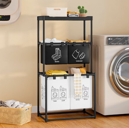 Casa & Gradina - Cos de rufe, metal, 3 nivele, 4 sectiuni, negru