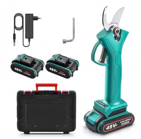 Scule electrice si unelte - Foarfeca Electrica pentru Gradinarit cu 2 Acumulatori 48V, cu Lama din Otel Carbon, Baterie 9700mAh, Accesorii si Valiza Transport