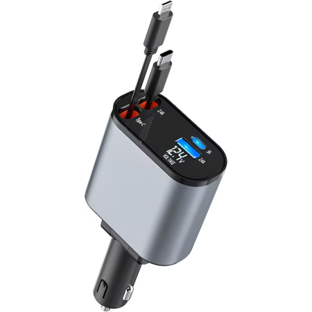 Încărcător Auto Multifuncțional 4 în 1 – 120W, USB-C & Lightning Retractabil, Afișaj Tensiune, Încărcare Rapidă [6]