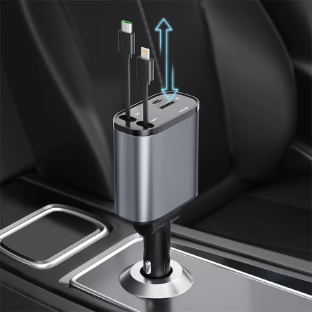Încărcător Auto Multifuncțional 4 în 1 – 120W, USB-C & Lightning Retractabil, Afișaj Tensiune, Încărcare Rapidă [7]