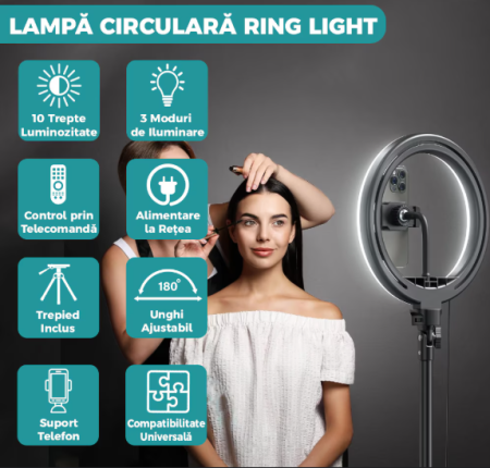 Lampă LED Circular 25.5 cm, 120 LED-uri, Trepied 210 cm și Suport Telefon – Ideal pentru Make-up, Vlogging, Instagram [2]