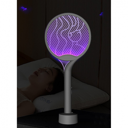 Casa & Gradina - Paleta Electrica pentru Tantari, Muste si Tantari 2in1,  Reincarcabila, Incarcare USB, 2600V, Plastic, Casa si Gradina, Anti-insecte, Stand, 23x51 cm, Gri