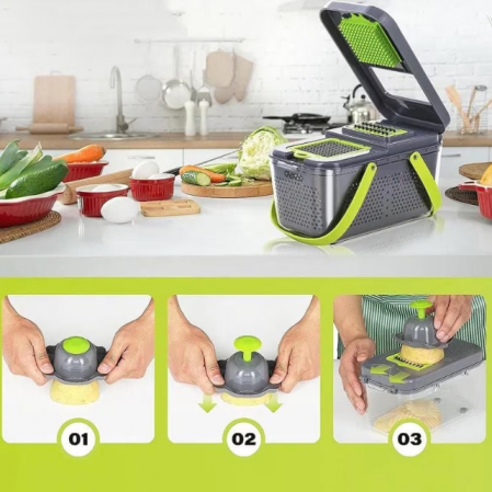 Razatoare Multifunctionala pentru fructe si legume, 22 piese, lame din otel inoxidabil, feliere, radere, taietor, maruntitor, separator ou, functie caserola, maner protectie [2]