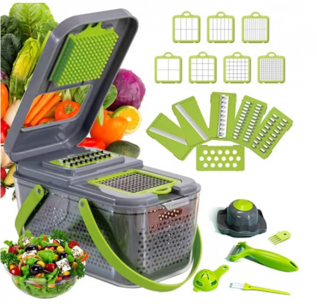 Casa & Gradina - Razatoare Multifunctionala pentru fructe si legume, 22 piese, lame din otel inoxidabil, feliere, radere, taietor, maruntitor, separator ou, functie caserola, maner protectie