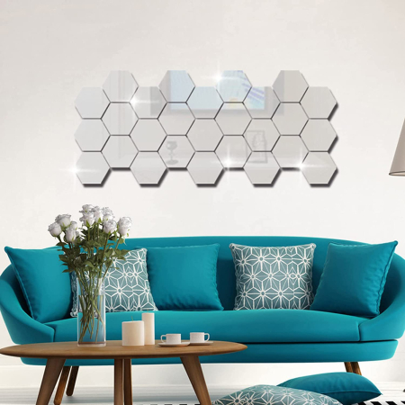 Casa & Gradina - Set 12 autocolante de perete tip oglinda design Hexagon 126x110x63 mm, Argintiu