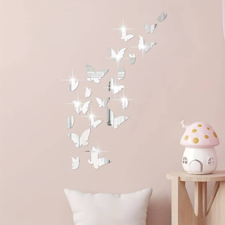 Set 25 Oglinzi acrilice autoadezive fluturi, pentru decorarea peretilor, 15 buc x 4 cm si 10 buc x 3 cm, Argintiu [1]