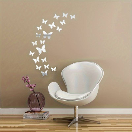 Casa & Gradina - Set 25 Oglinzi acrilice autoadezive fluturi, pentru decorarea peretilor, 15 buc x 4 cm si 10 buc x 3 cm, Argintiu