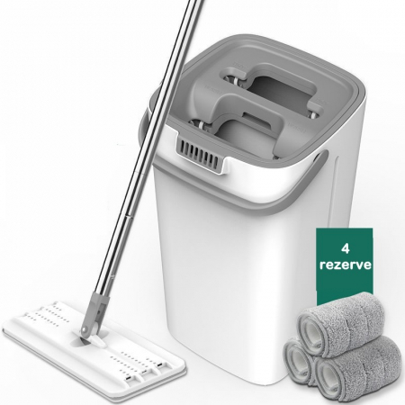 Casa & Gradina - Set de curatenie , mop si galeata, galeata 5.7 l, 4 rezerve microfibra incluse, design modern, pentru interior, material plastic, peri sintetici, plat, cu storcere, alb