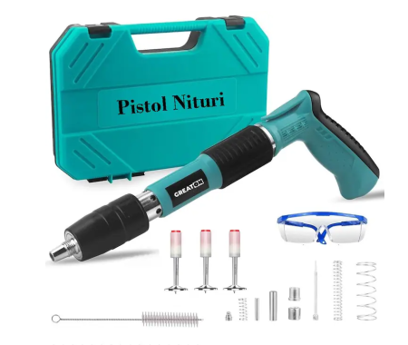 Scule electrice si unelte - Set Pistol de Nituit și Fixare în Zidărie, Tavan și Podea, Acționare Pneumatică/Manuală, Calibru 7.3 mm, Trusă Transport