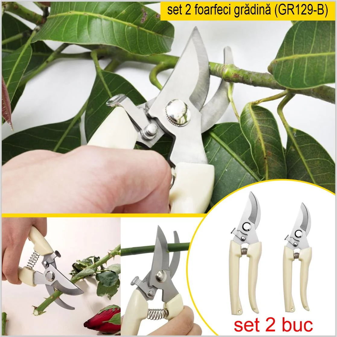 Set 2 foarfeci de gradina cu lame ascutite din otel, ce taie rapid si precis, manere imbracate in PVC, arc antisoc si siguranta [3]