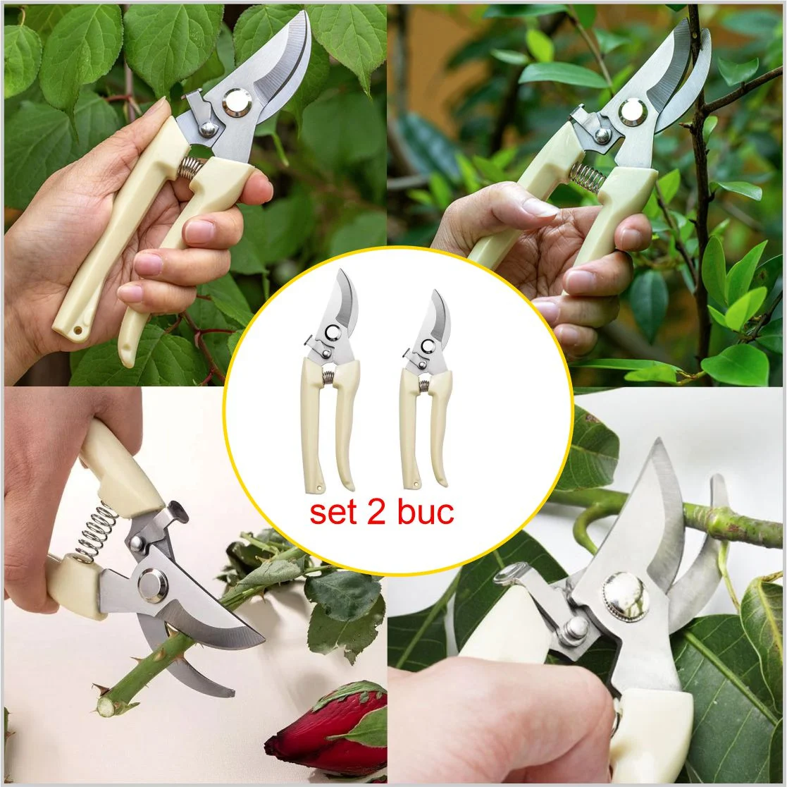 Set 2 foarfeci de gradina cu lame ascutite din otel, ce taie rapid si precis, manere imbracate in PVC, arc antisoc si siguranta [5]