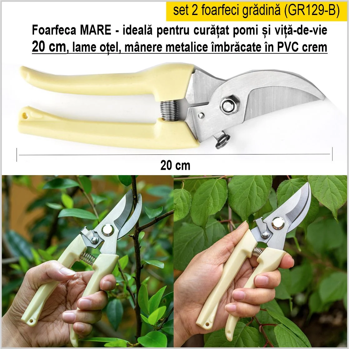 Set 2 foarfeci de gradina cu lame ascutite din otel, ce taie rapid si precis, manere imbracate in PVC, arc antisoc si siguranta [6]