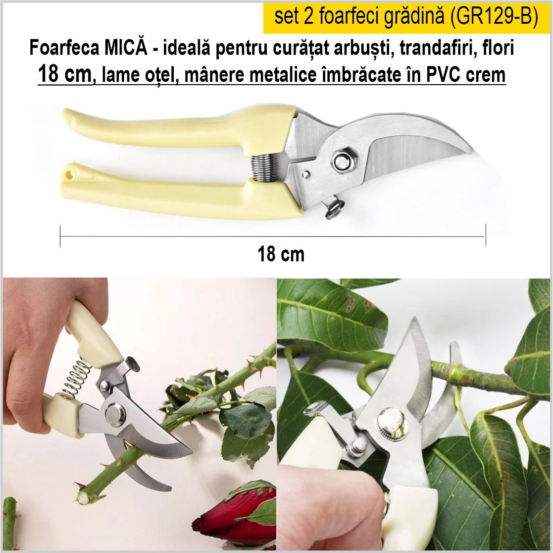 Set 2 foarfeci de gradina cu lame ascutite din otel, ce taie rapid si precis, manere imbracate in PVC, arc antisoc si siguranta [7]