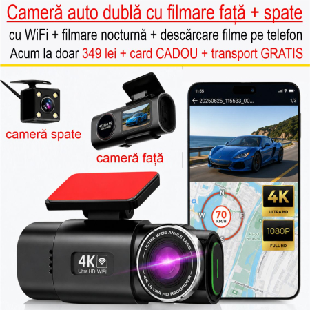 PRODUSE AUTO - Cameră Auto de bord DVR 4K Ultra HD cu filmare Față + Spate si  Wi-Fi