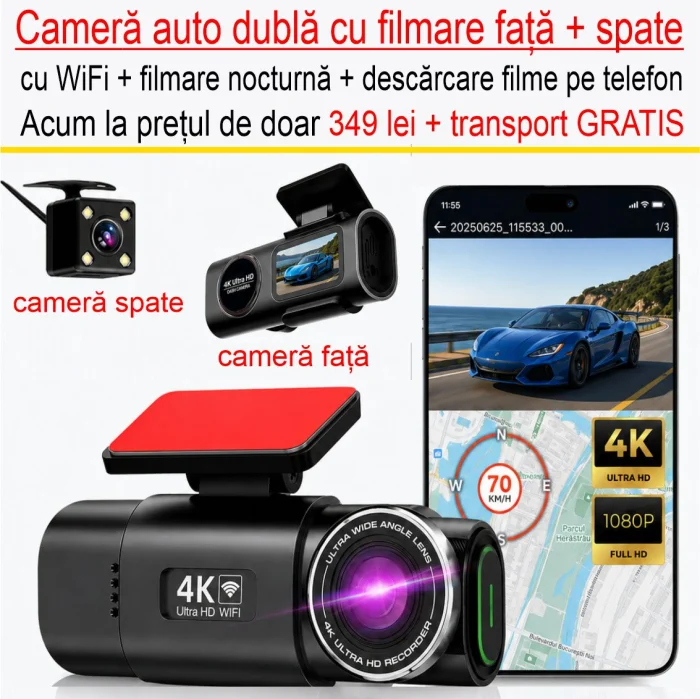 PRODUSE AUTO - Cameră Auto de bord DVR 4K Ultra HD cu filmare Față + Spate si  Wi-Fi
