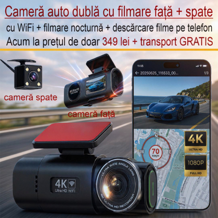PRODUSE AUTO - Cameră Auto de bord DVR 4K Ultra HD cu filmare Față + Spate si  Wi-Fi