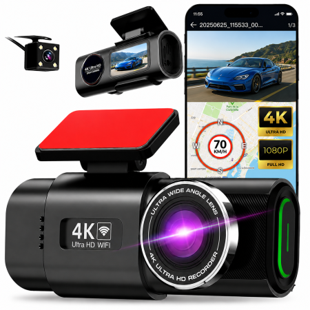 PRODUSE AUTO - Cameră Auto de bord DVR 4K Ultra HD cu filmare Față + Spate si  Wi-Fi