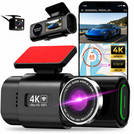 PRODUSE AUTO - Cameră Auto DVR 4K Ultra HD Față + Spate | Wi-Fi | GPS | Monitorizare Parcare 24H