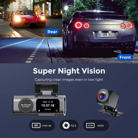 Cameră Auto DVR 4K Ultra HD Față + Spate | Wi-Fi | GPS | Monitorizare Parcare 24H [3]
