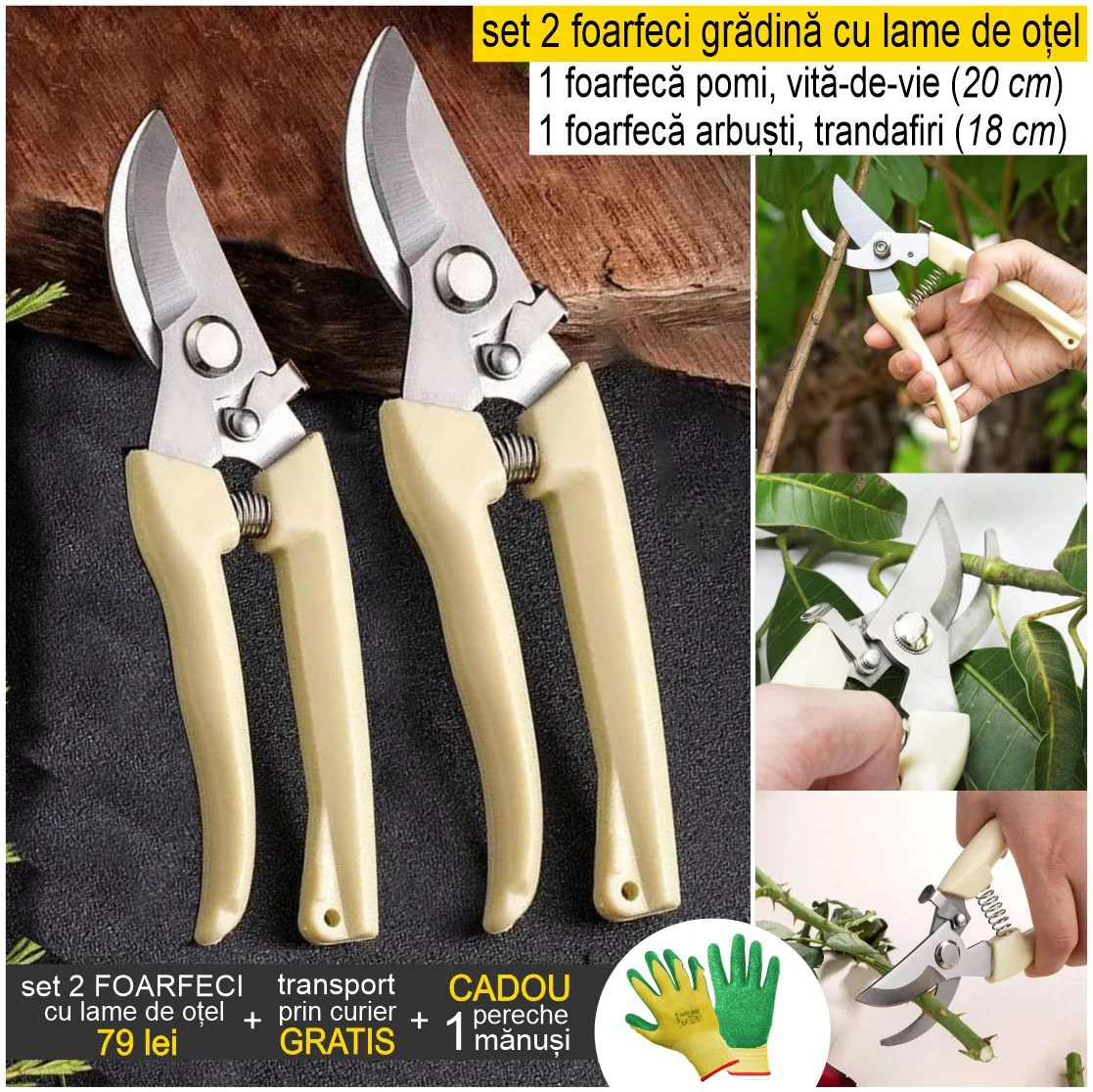 Set 2 foarfeci de gradina cu lame ascutite din otel, ce taie rapid si precis, manere imbracate in PVC, arc antisoc si siguranta [7]