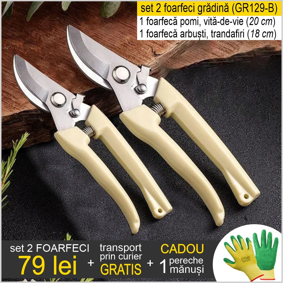 PRODUSE GARDINA - Set 2 foarfeci de gradina cu lame ascutite din otel, ce taie rapid si precis, manere imbracate in PVC, arc antisoc si siguranta