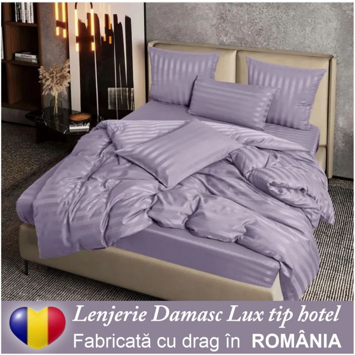 Lenjerie de pat Damasc Lux tip hotel - 6 piese, pat dublu (LILA) [4]