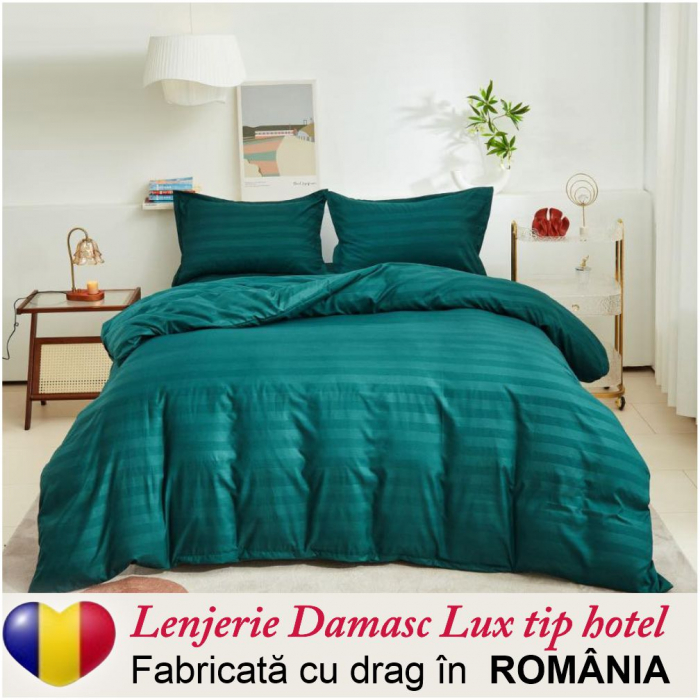 Lenjerie pat Damasc Lux tip hotel - 6 piese, pat dublu (VERDE inchis) [1]