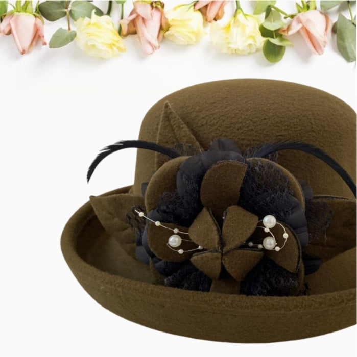 Palarie dama cu boruri elegante si decor luxuriant GLORIOSSA (KAKI) - marime unica, reglabila [4]