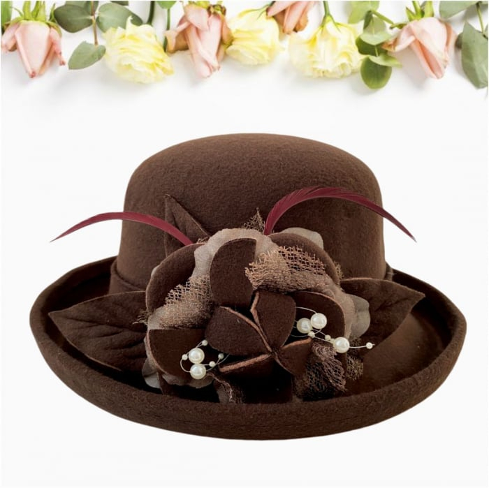 Palarie dama cu boruri elegante si decor luxuriant GLORIOSSA (MARO mahon) - marime unica, reglabila [3]