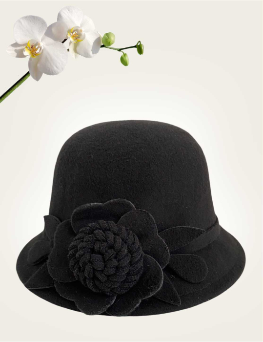 Palarie dama cu boruri mici si accesoriu floare LADY FLORIA  (NEAGRA) - marime unica, reglabila [3]