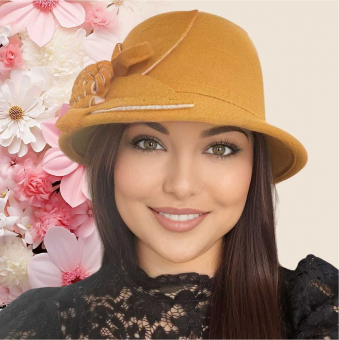 Palarie dama cu boruri mici si accesoriu floare MISS FLORIA (GALBEN) - marime unica, reglabila [4]