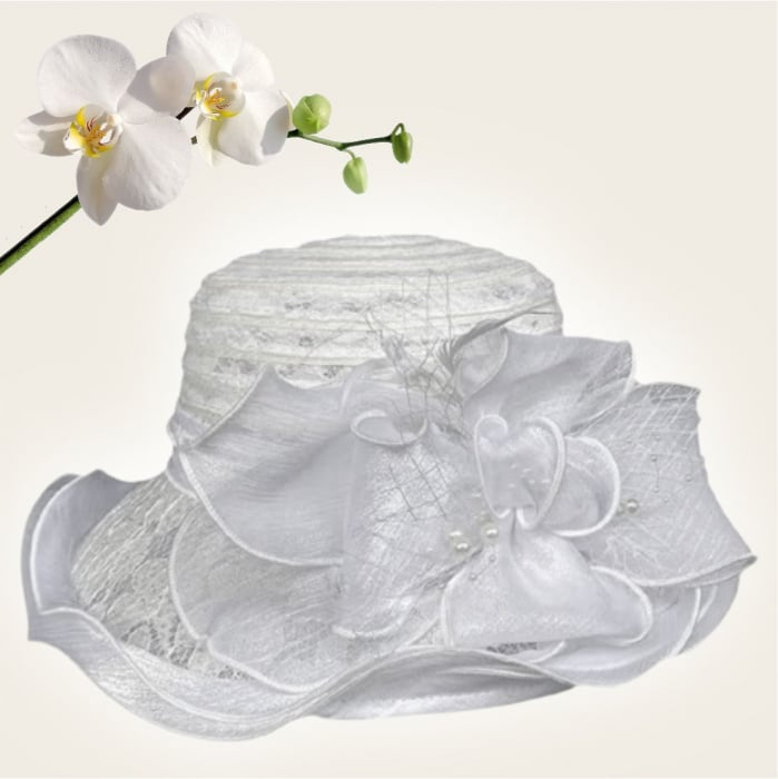 Palarie dama organza cu margini dantelate SPLENDOR alb, reglabila [4]