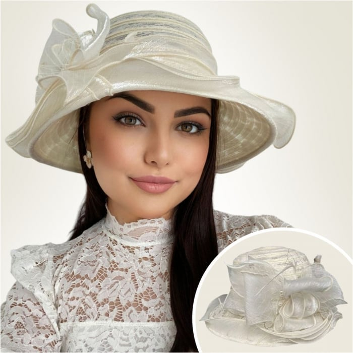 Palarie dama organza cu margini dantelate SPLENDOR crem, reglabila [3]