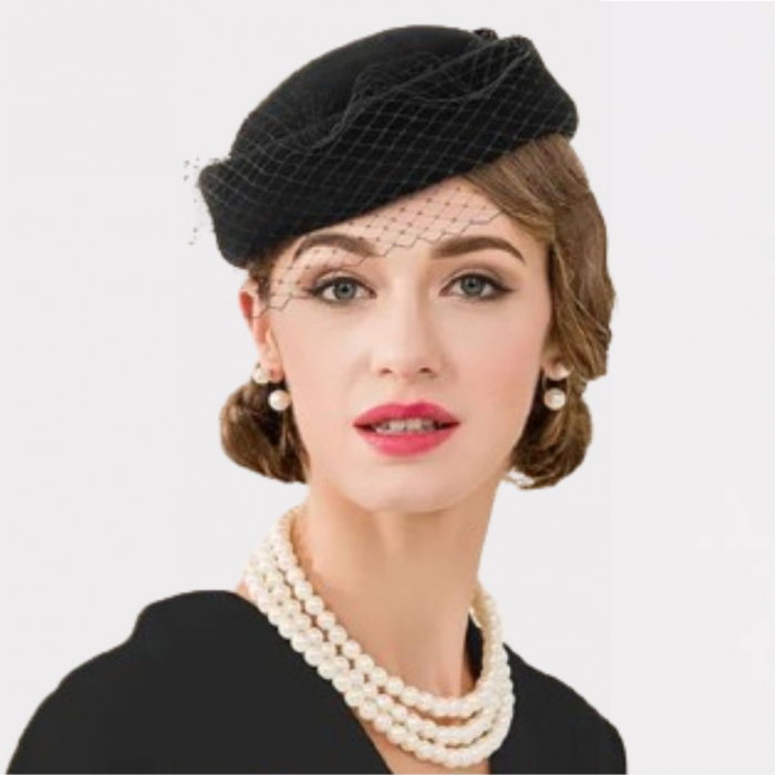 Palarie de dama din fetru lux tip toca cu voaleta MISS PARIS (NEGRU + 4 culori) - marime unica, reglabila [3]
