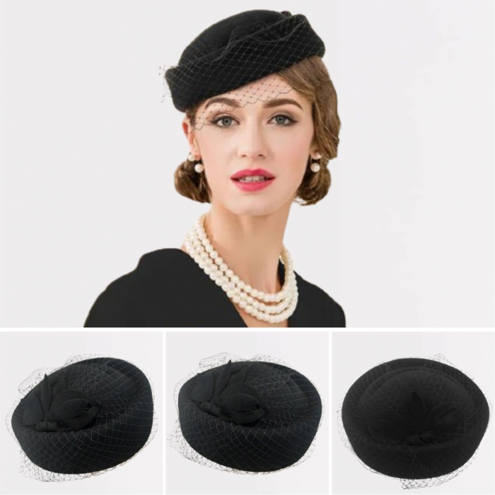 Palarie de dama din fetru lux tip toca cu voaleta MISS PARIS (NEGRU + 4 culori) - marime unica, reglabila [4]