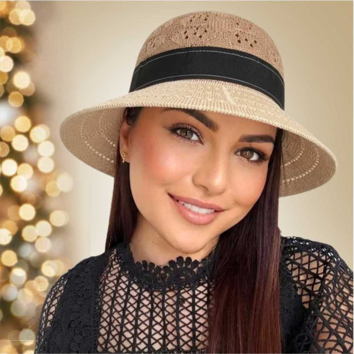 Palarie de soare de lux cu boruri rotunde medii ANASTASIA LADY (CREM+MARO) - marime unica, reglabila [4]
