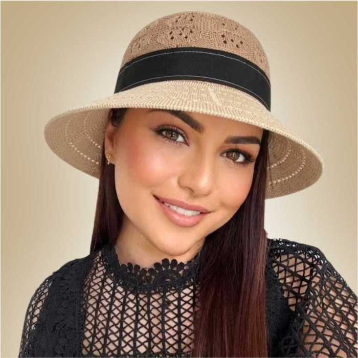 Palarie de soare de lux cu boruri rotunde medii ANASTASIA LADY (CREM+MARO) - marime unica, reglabila [5]