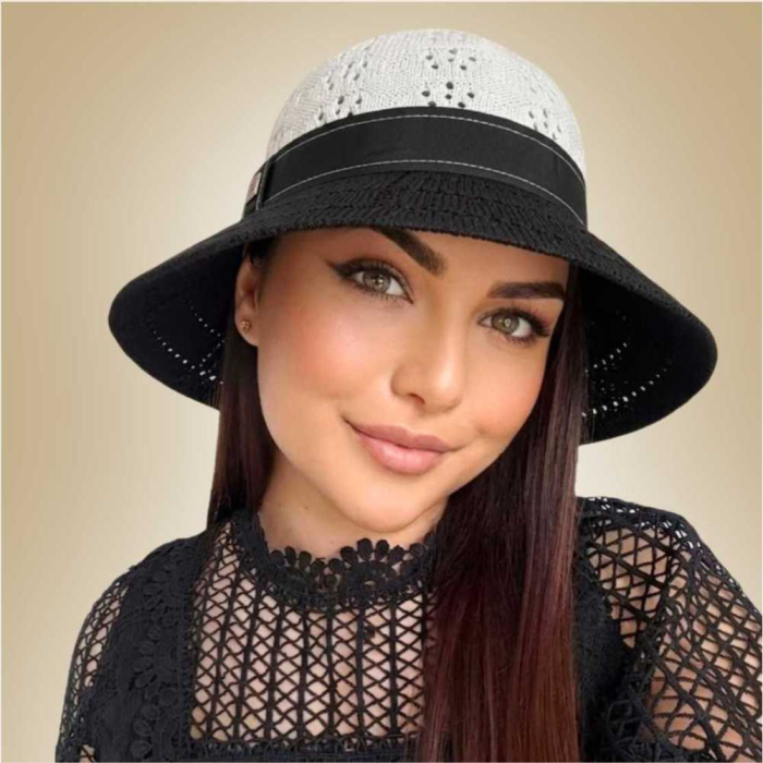 Palarie de soare de lux cu boruri rotunde medii ANASTASIA LADY (NEGRU+ALB) - marime unica, reglabila [4]