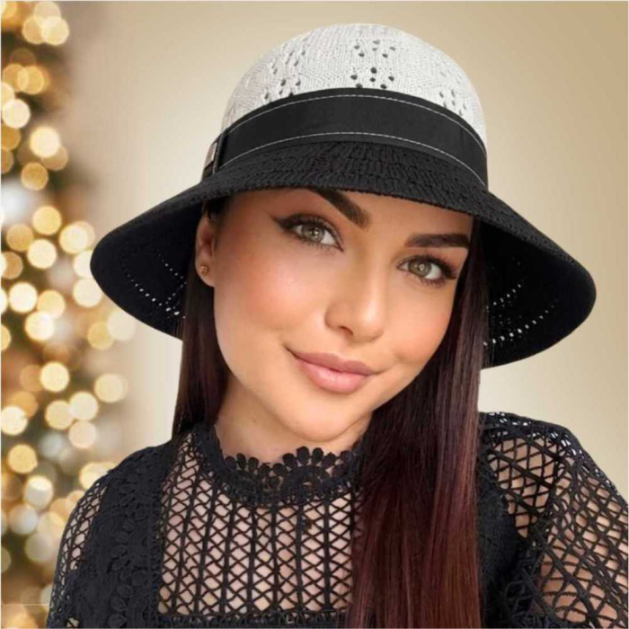 Palarie de soare de lux cu boruri rotunde medii ANASTASIA LADY (NEGRU+ALB) - marime unica, reglabila [3]