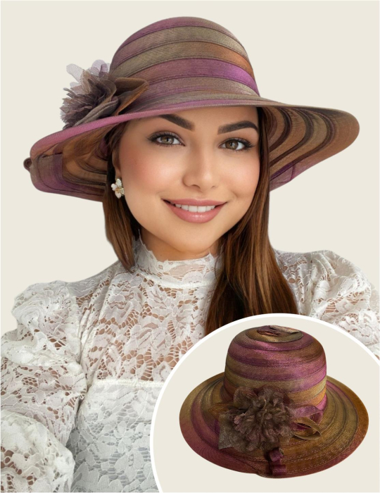 Palarie de soare de lux din organza satinata VENETIA CHIC (MOV+MARO caramiziu) - marime unica, reglabila [2]