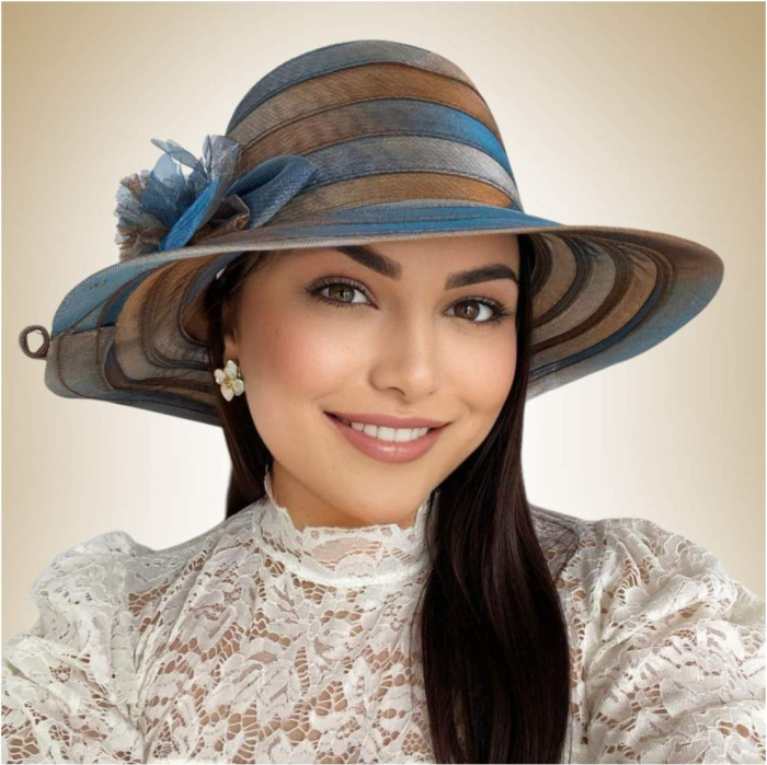 Palarie de soare de lux din organza satinata VENETIA CHIC (ALBASTRU+ARAMIU) - marime unica, reglabila - Copie [2]