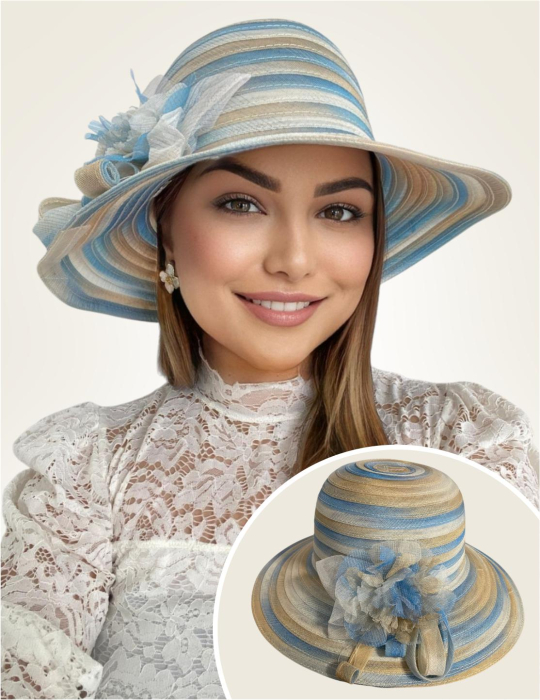 Palarie de soare de lux din organza satinata VENETIA CHIC (ALBASTRU+CREM) - marime unica, reglabila [2]