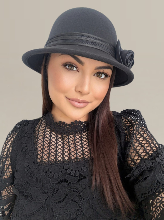 Palarie eleganta cu boruri delicate si decor din satin VALERY (NEGRU) - marime unica, reglabila [4]
