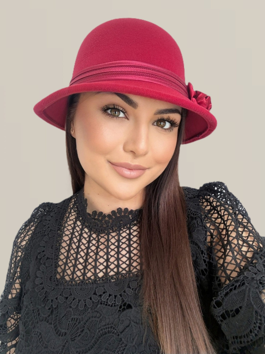 Palarie eleganta cu boruri delicate si decor din satin VALERY (ROSU trandafiriu) - marime unica, reglabila [4]