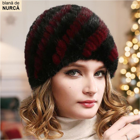 CACIULI NURCA - Caciula din blana de NURCA - Princess Lux (NEGRU+GRENA) - marime universala