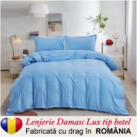LENJERII - Lenjerie pat Damasc Lux tip hotel - 6 piese, pat dublu (ALBASTRU deschis)