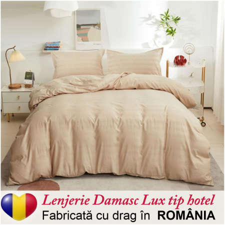 LENJERII - Lenjerie pat Damasc Lux tip hotel - 6 piese, pat dublu (BEJ)